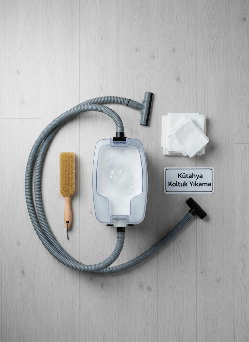 A top-down, photographic realism view of a complete sofa cleaning setup arranged on a spotless light wood floor: a compact professional upholstery cleaning machine with a clear water tank filled with slightly bubbling clean solution, neatly coiled hoses, a soft-bristled upholstery brush, and folded white microfiber cloths. Next to the equipment lies a small laminated card reading “Kütahya Koltuk Yıkama” in clean, modern typography. Cool, even studio lighting minimizes harsh shadows and creates a clinical, trustworthy atmosphere. The composition is orderly and symmetric, highlighting each tool’s role. The mood is professional, organized, and efficient, ideal for conveying same-day, reliable service and modern cleaning technology on a business website.