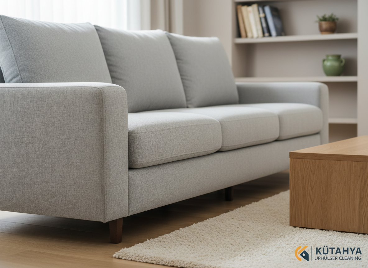 A freshly cleaned, light gray fabric sofa with a subtle woven texture, cushions neatly arranged and surfaces looking slightly damp with cleanliness, positioned in a bright, modern living room. The sofa sits on a soft cream rug beside a low wooden coffee table with no clutter, emphasizing hygiene. Soft daylight enters from a large unseen window, creating gentle highlights on the fabric and faint, clean shadows under the frame. Captured at eye level with a slight angle along the sofa’s length, the background fades into a soft bokeh of neutral walls and a tidy bookshelf. The mood is professional, hygienic, and reassuring, in photographic realism with a clean, modern aesthetic ideal for a Kütahya upholstery cleaning service homepage.