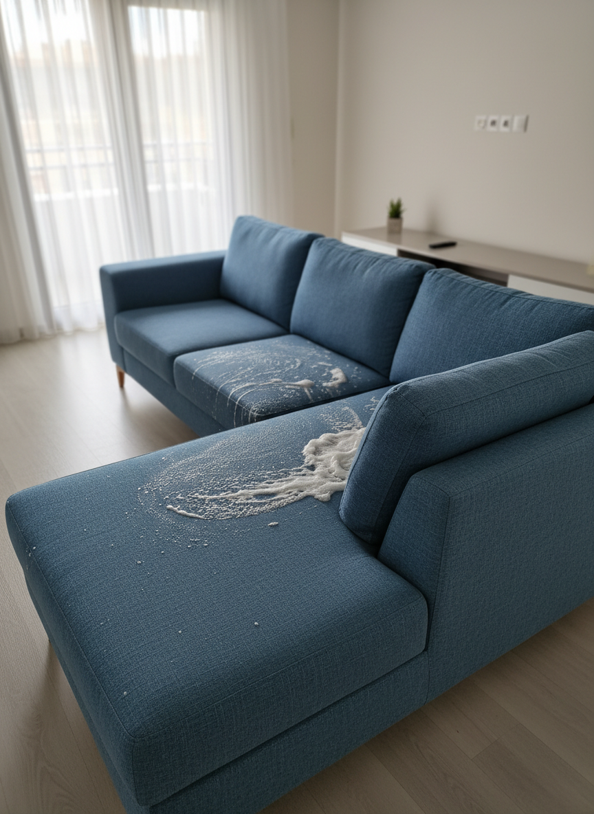 A medium shot of a contemporary L-shaped sofa in a Kütahya apartment living room, with one section still slightly foamy from active cleaning solution and the rest already rinsed and visibly brighter. The sofa’s medium-blue fabric has a fine, visible weave, and the foam clings to the fibers along the edges and seams. The room features a light laminate floor, a low TV unit, and a small balcony door in the background, all gently blurred. Natural afternoon light filters through sheer curtains, adding a soft glow and light reflections on the moist fabric. Captured from a diagonal angle with moderate depth of field, the mood is dynamic yet orderly, emphasizing same-day, on-site service in a realistic, trustworthy style.
