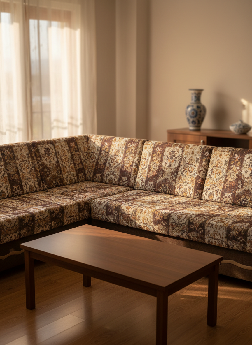 A wide, eye-level shot of a cozy Turkish living room in Kütahya after professional koltuk yıkama, featuring a freshly cleaned patterned corner sofa in earthy tones of brown and cream. The fabric appears visibly revived, with no stains and a uniform, soft texture. The sofa is arranged around a low, dark wood table with no decorative clutter, emphasizing cleanliness. A traditional Kütahya-style ceramic vase sits on a sideboard in the softly blurred background, hinting at local culture without dominating the scene. Warm late-afternoon sunlight streams through a window, casting gentle, elongated shadows and creating a welcoming yet professional mood. The composition follows the rule of thirds, with sharp focus on the sofa, reflecting a trustworthy, local service brand.