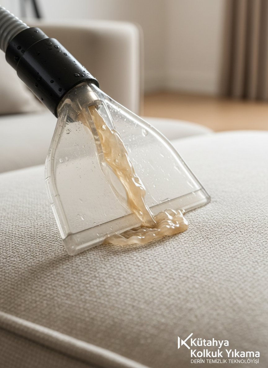 A detailed macro shot of an upholstery cleaning nozzle in action on a light beige sofa cushion, seen in photographic realism. Clear water and cleaning solution are being extracted through the transparent nozzle head, with visible streams of slightly murky water being drawn away from the fabric. Individual fibers of the upholstery appear lifted and refreshed, with a sharp contrast between the cleaned path and the still-dull surrounding area. The background is heavily blurred, suggesting a tidy living room without distinct objects. Bright, directional lighting from above creates crisp reflections on the plastic nozzle and tiny droplets, emphasizing precision and technology. The atmosphere is highly professional and technical, ideal for a service page explaining the deep-cleaning process used by Kütahya Koltuk Yıkama.
